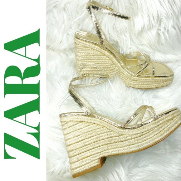 ZARA Gold Strappy Stacked Platform Wedge Open Toe Summer Sandal, Size 40 - Picture 1 of 11